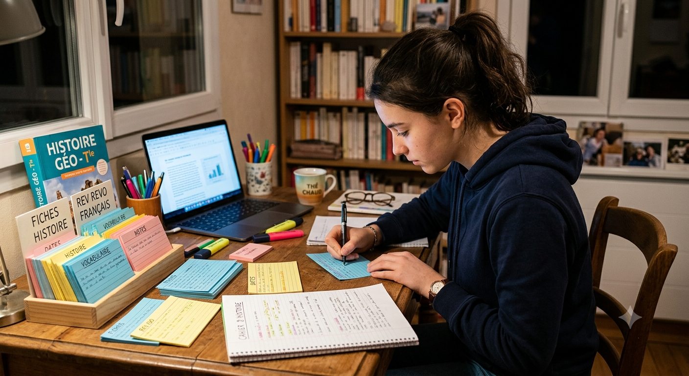 Élève concentré qui révise ses cours à son bureau avec des fiches de révision